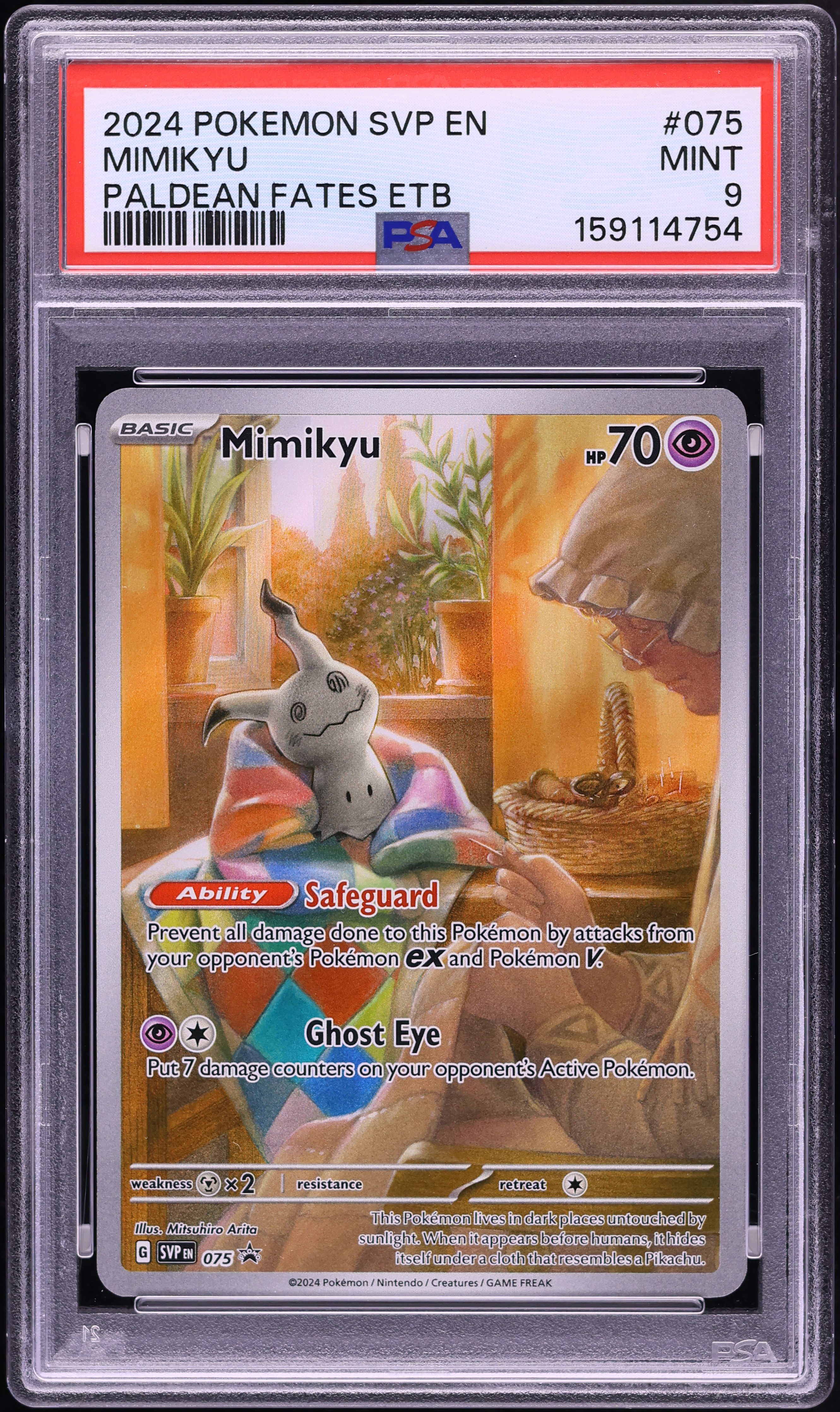 2024 Pokemon Scarlet & Violet Promo Paldean Fates ETB Full Art Mimikyu #75 PSA 9 MINT