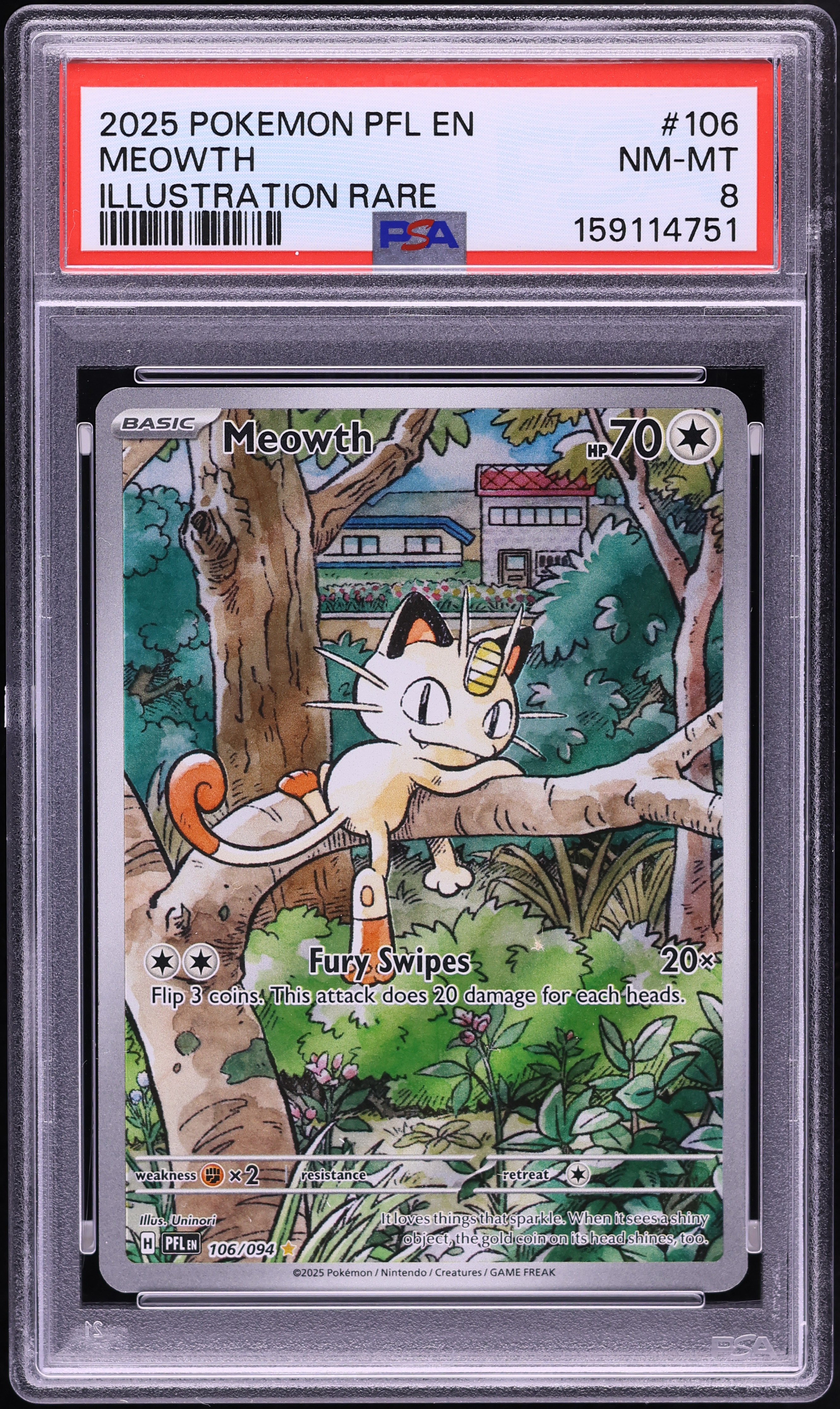 2025 Pokemon Mega Evolution Phantasmal Flames IR Meowth #106 PSA 8 NM-MT
