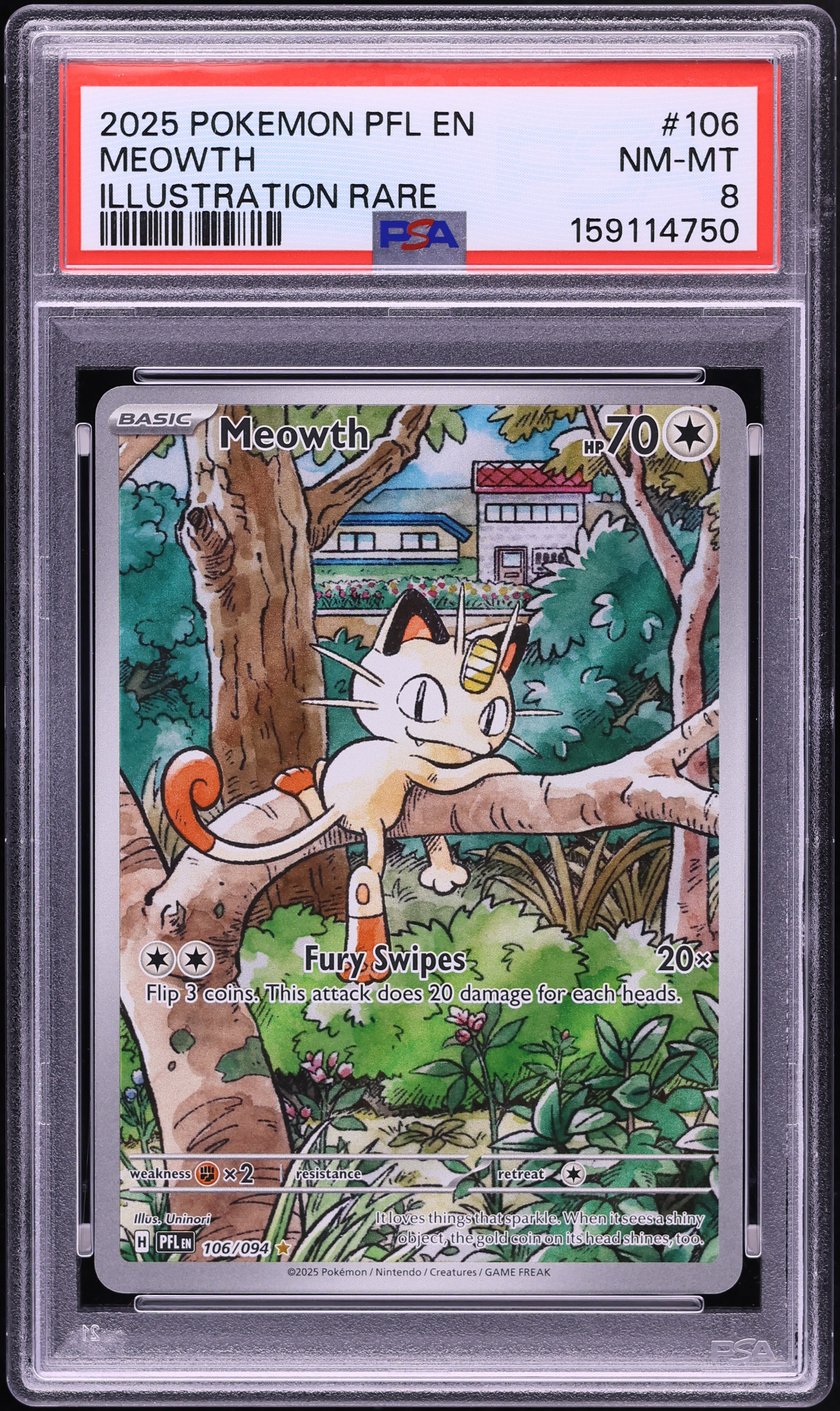 2025 Pokemon Mega Evolution Phantasmal Flames IR Meowth #106 PSA 8 NM-MT