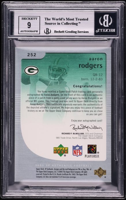 2005 SP Authentic Redemption Set Aaron Rodgers ROOKIE PATCH AUTO /5 #252 BGS 8.5 NM-MT+