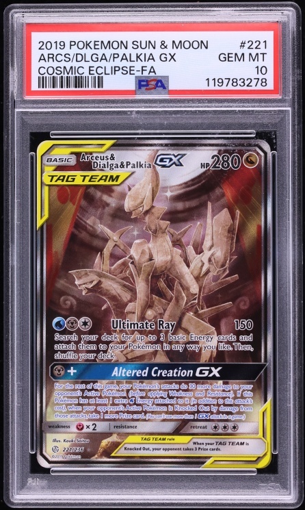 2019 Pokemon Sun & Moon Cosmic Eclipse Full Art Arceus & Dialga & Palkia GX #221 PSA 10 GEM
