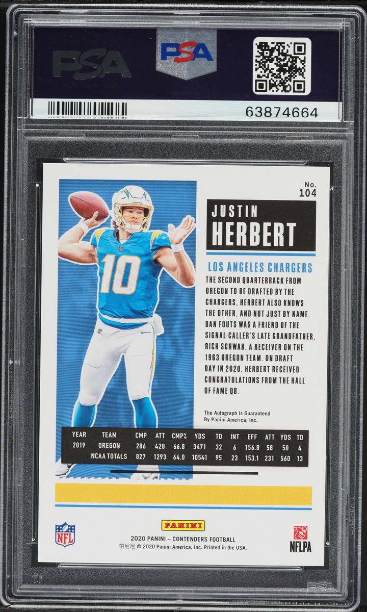 2020 Panini Contenders Playoff Justin Herbert ROOKIE AUTO DNA 10 /99 #104 PSA 9