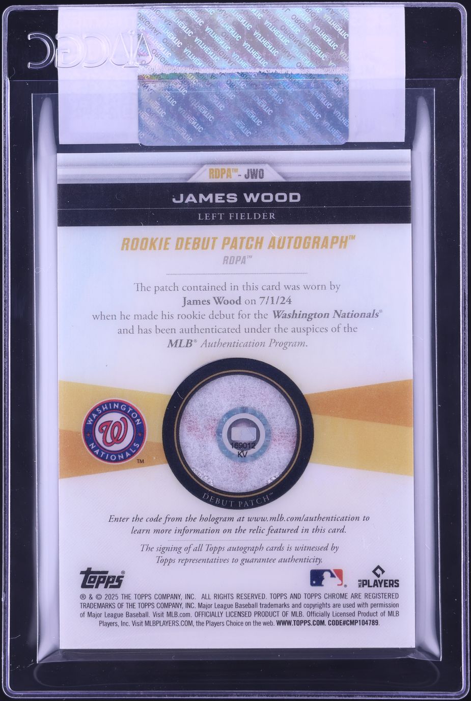 2025 Topps Chrome Update James Wood ROOKIE MLB DEBUT PATCH AUTO 1/1 #RDPA-JWO CGC AUTH