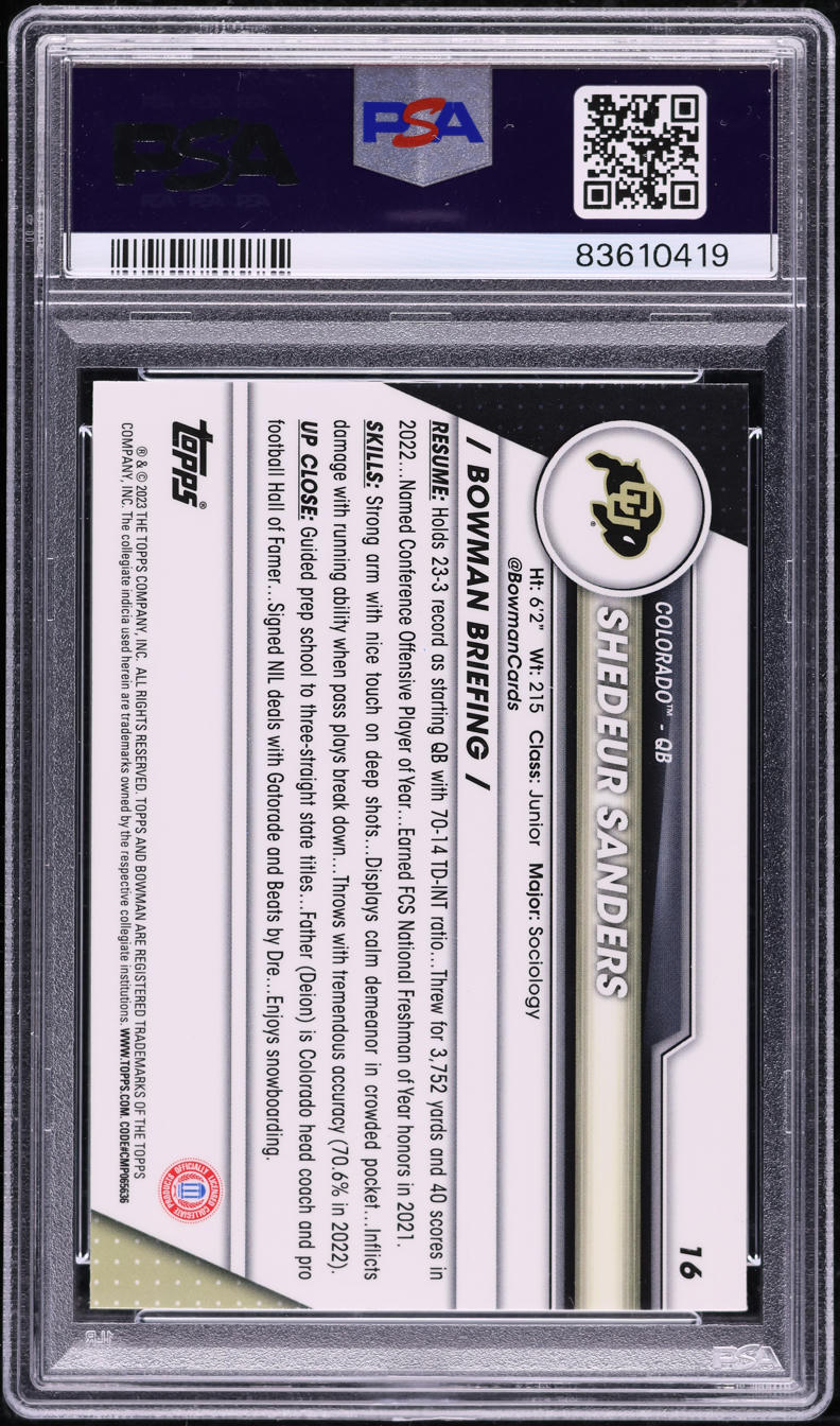 2023 Bowman Chrome University Xfractor Shedeur Sanders ROOKIE #16 PSA 10 GEM MINT