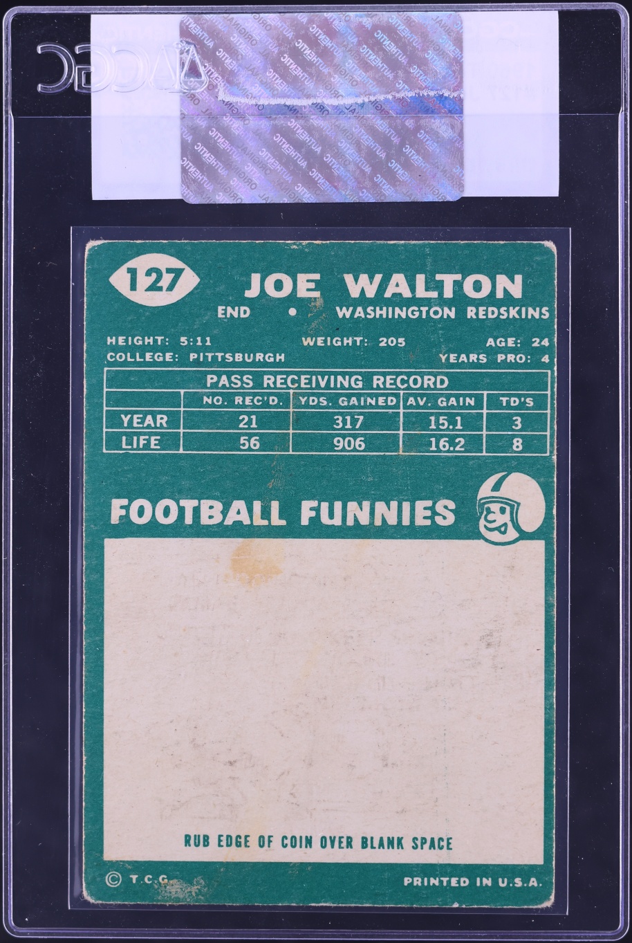1960 Topps Football Joe Walton #127 CGC AUTH