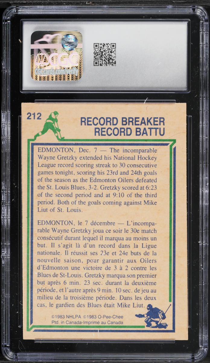 1983 O-Pee-Chee Hockey Wayne Gretzky RECORD BREAKER #212 CGC 7 NRMT