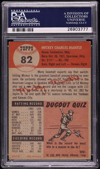 1953 Topps Mickey Mantle SHORT PRINT #82 PSA 6 EXMT