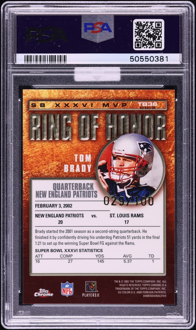 2002 Topps Chrome Ring Of Honor Refractor Tom Brady /100 #TB36 MBA PSA 9 MINT