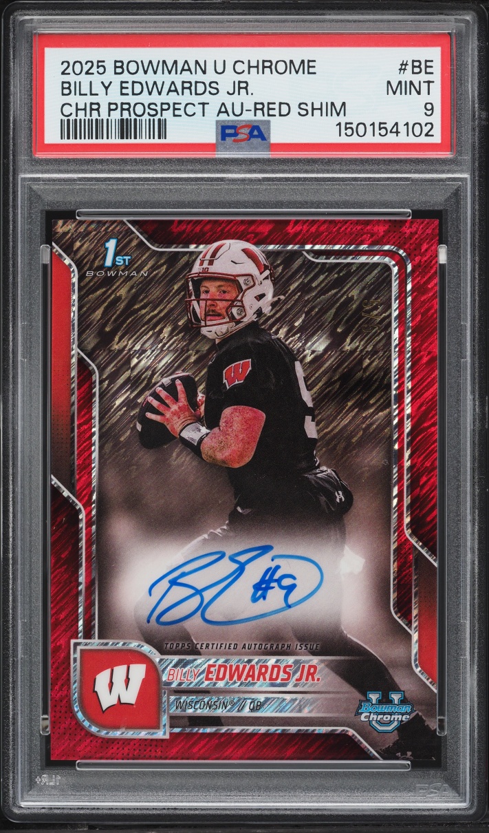 2025 Bowman Chrome University Red Shimmer Billy Edwards Jr. ROOKIE AUTO 5/5 #BCA-BE PSA 9 MINT - Photo 1