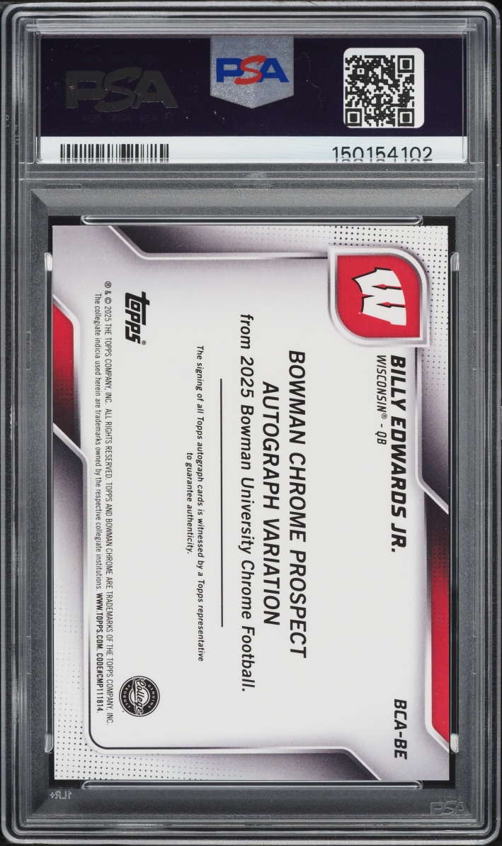 2025 Bowman Chrome University Red Shimmer Billy Edwards Jr. ROOKIE AUTO 5/5 #BCA-BE PSA 9 MINT - Photo 2