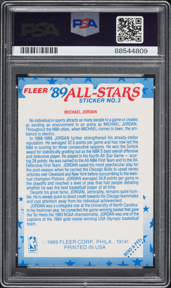 1989 Fleer Sticker Michael Jordan #3 PSA 9 MINT - Photo 2