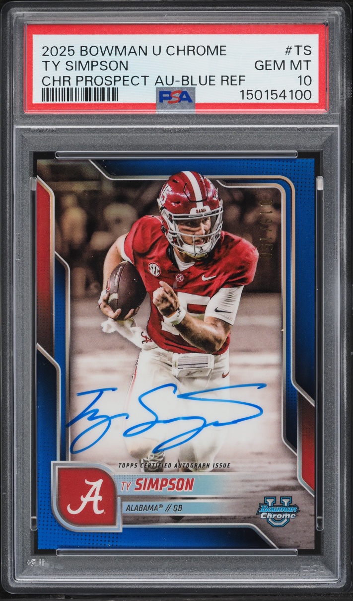 2025 Bowman Chrome University Blue Refractor Ty Simpson ROOKIE AUTO /150 #BCA-TS PSA 10 GEM - Photo 1