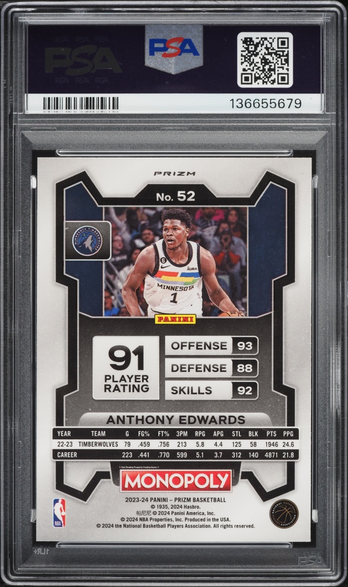 2023 Panini Prizm Monopoly Purple Anthony Edwards #52 PSA 10 GEM MINT - Photo 2