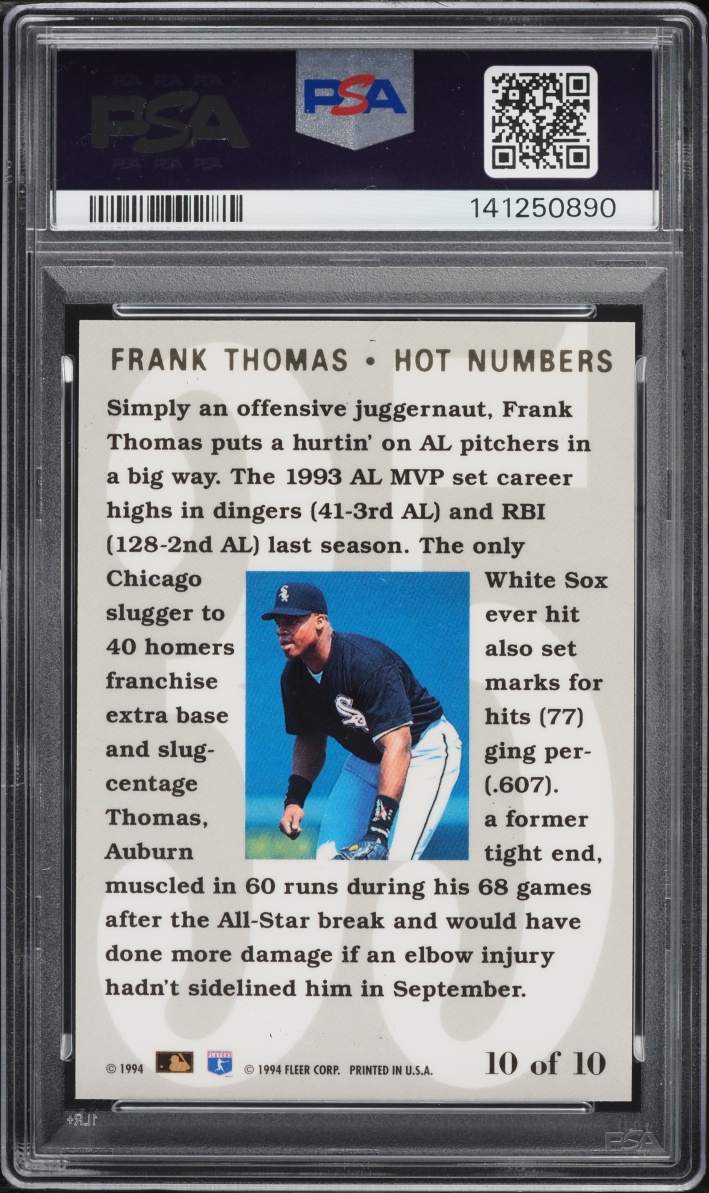 1994 Flair Hot Numbers Frank Thomas #10 PSA 10 GEM MINT - Photo 2