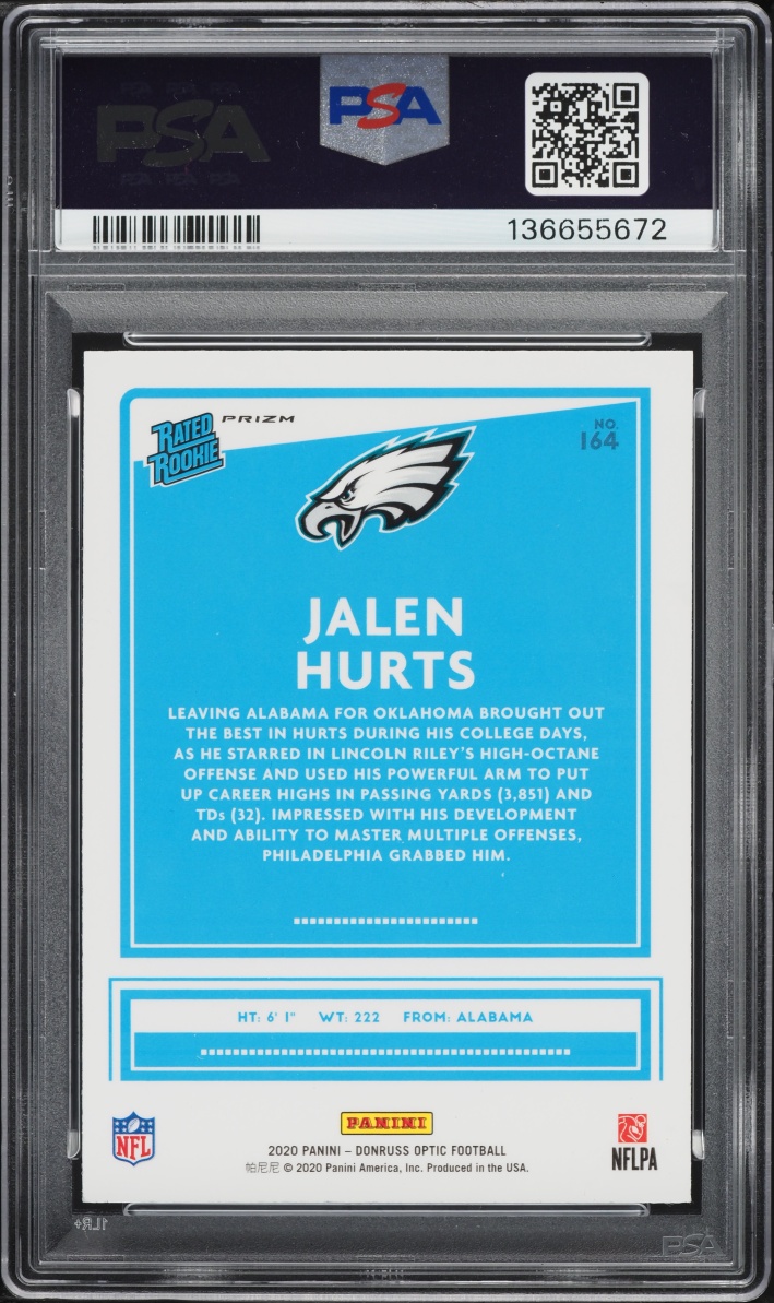 2020 Donruss Optic Pink Prizm Jalen Hurts ROOKIE #164 PSA 10 GEM MINT - Photo 2