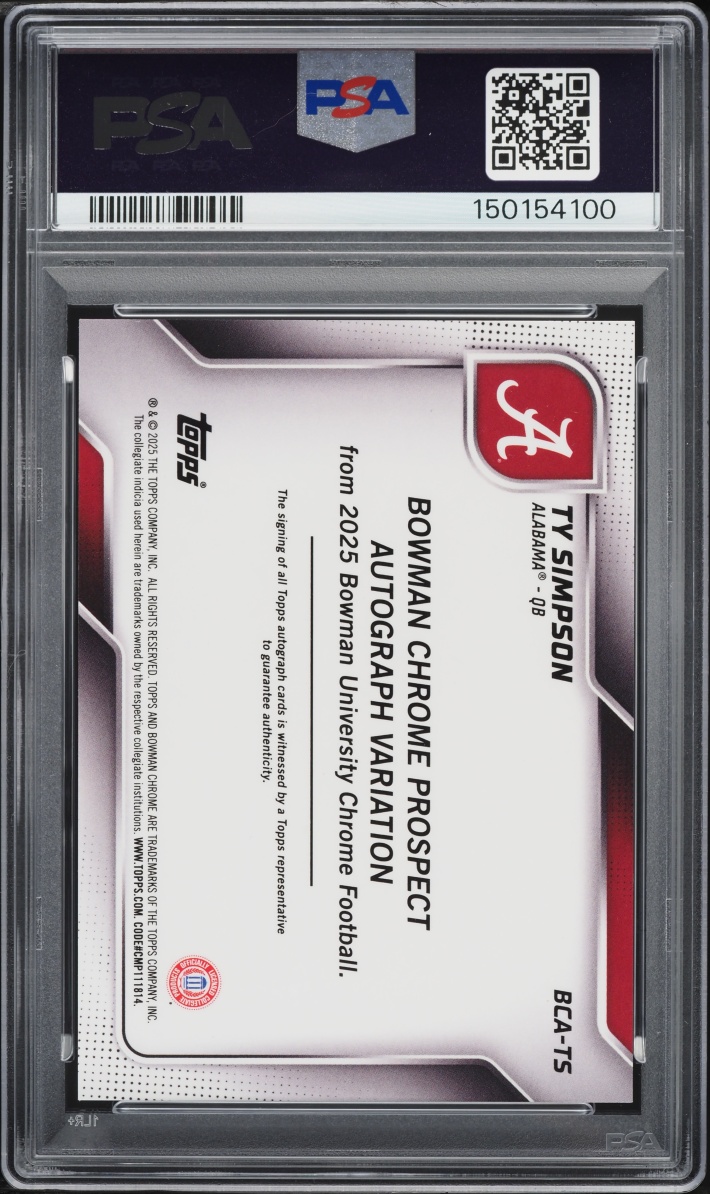 2025 Bowman Chrome University Blue Refractor Ty Simpson ROOKIE AUTO /150 #BCA-TS PSA 10 GEM - Photo 2