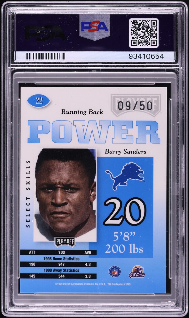 1999 Playoff Contenders Power Blue Barry Sanders /50 #22 PSA 8 NM-MT