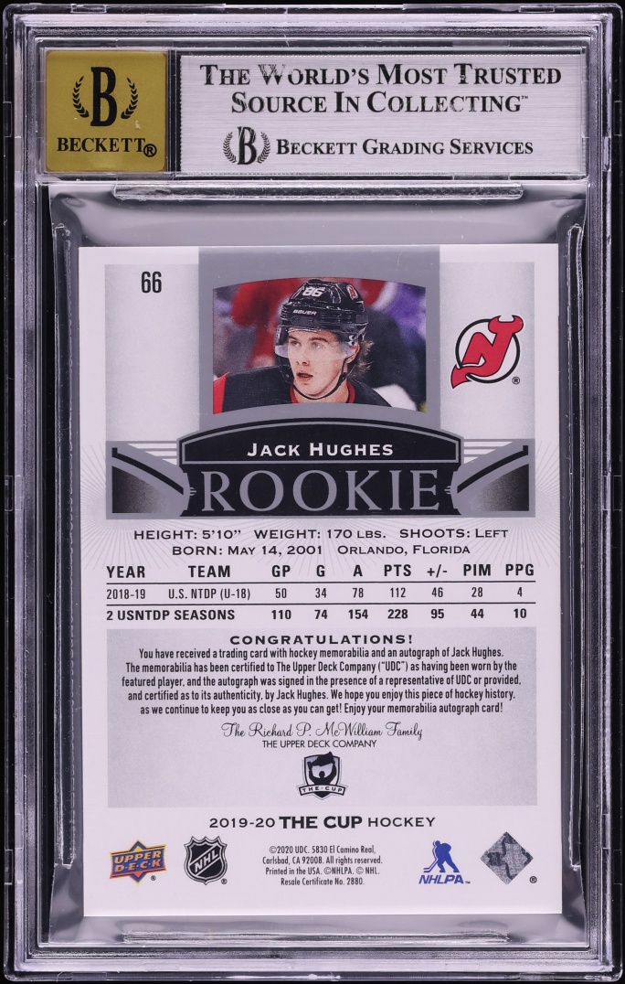 2019 Upper Deck The Cup Jack Hughes ROOKIE PATCH AUTO /99 #66 BGS 9 MINT