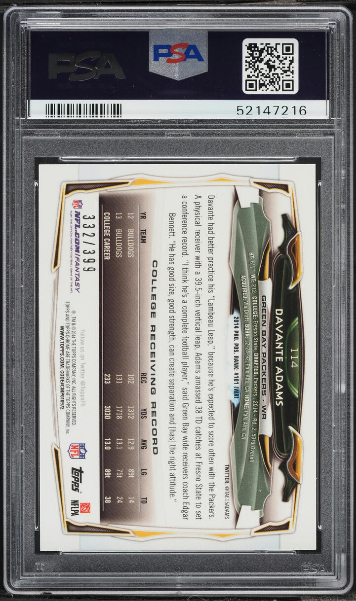 2014 Topps Chrome Pink Refractor Davante Adams ROOKIE /399 #114 PSA 10 GEM MINT