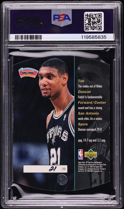 1997 SPx Grand Finale Tim Duncan ROOKIE JERSEY # 21/50 #37 PSA 7 NRMT - Photo 2