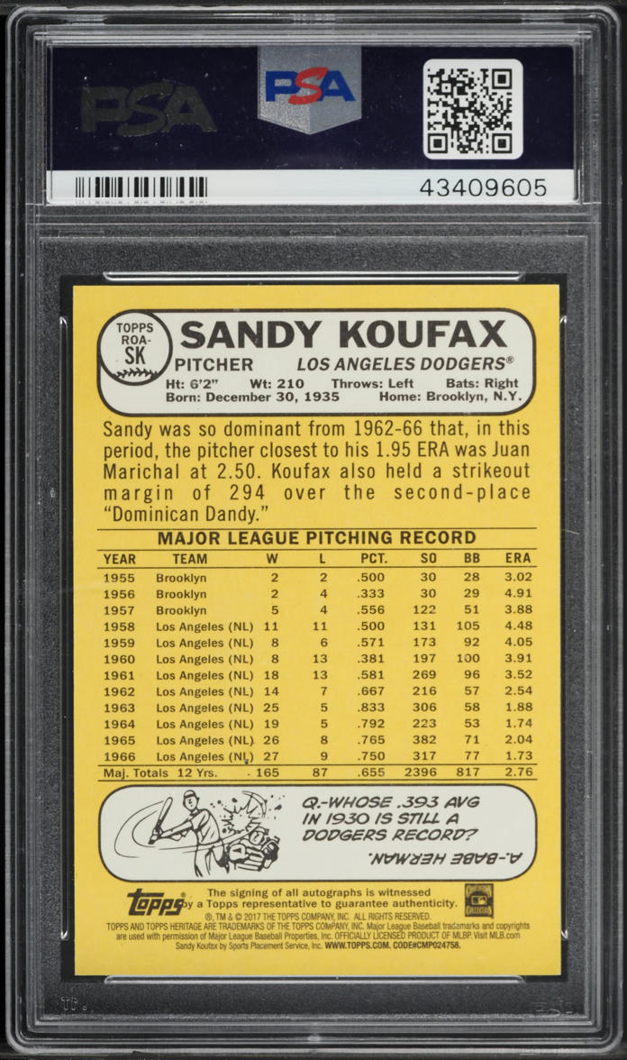 2017 Topps Heritage Real One Sandy Koufax AUTO #SK PSA 10 GEM MINT