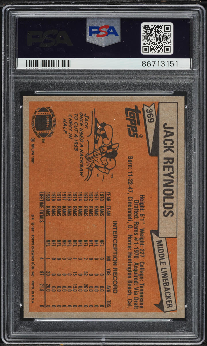 1981 Topps Football Jack Reynolds #369 PSA 10 GEM MINT