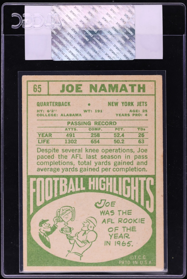 1968 Topps Football Joe Namath #65 CGC AUTH