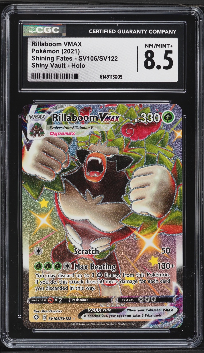 2021 Pokemon Sword & Shield Shining Fates Full Art Rillaboom VMAX #SV106 CGC 8.5 NM-MT+
