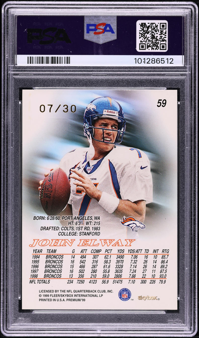 1999 Skybox Premium Shining Star Rubies John Elway JSY # 7/30 #59 PSA 7 NRMT