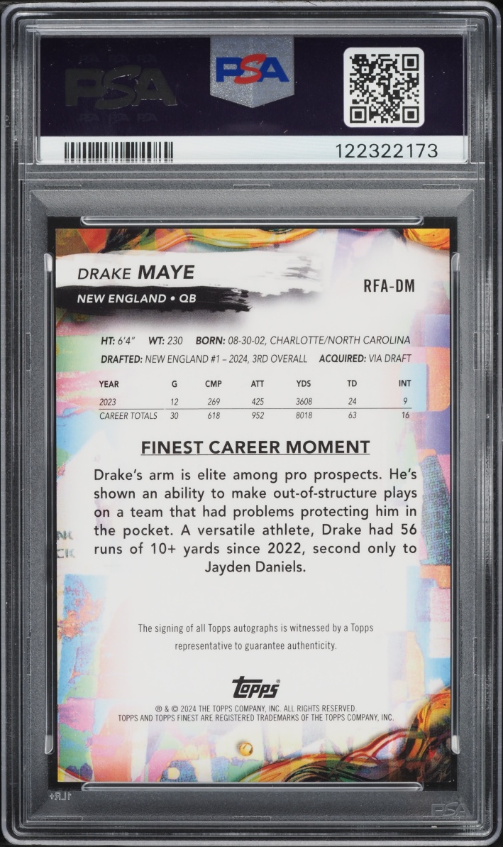 2024 Finest Football Drake Maye ROOKIE AUTO #RFA-DM PSA 9 MINT