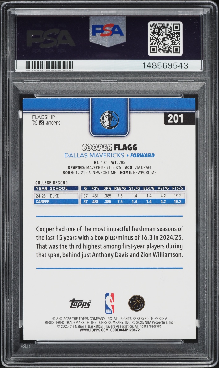 2025 Topps Basketball Cooper Flagg ROOKIE #201 PSA 9 MINT