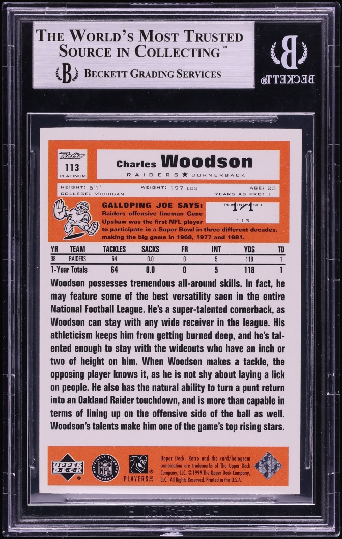 1999 Upper Deck Retro Charles Woodson 1/1 #113 BGS 9 MINT - Photo 2