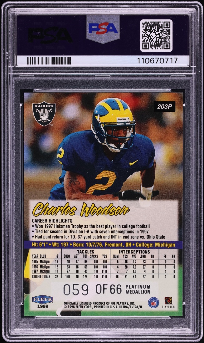 1998 Ultra Platinum Medallion Charles Woodson ROOKIE /66 #203P PSA 7 NRMT - Photo 2