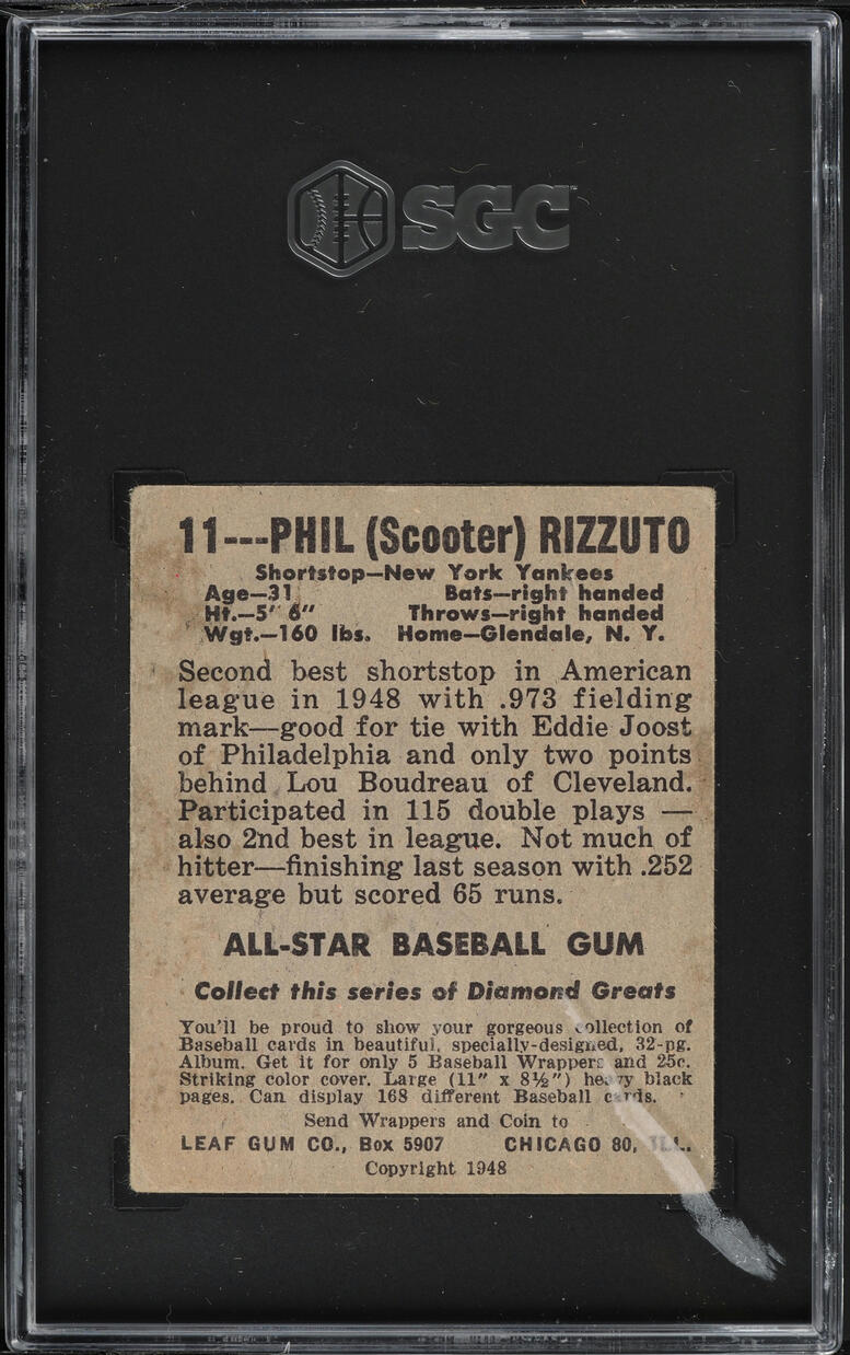 1948 Leaf Phil Rizzuto ROOKIE #11 SGC 4 VGEX