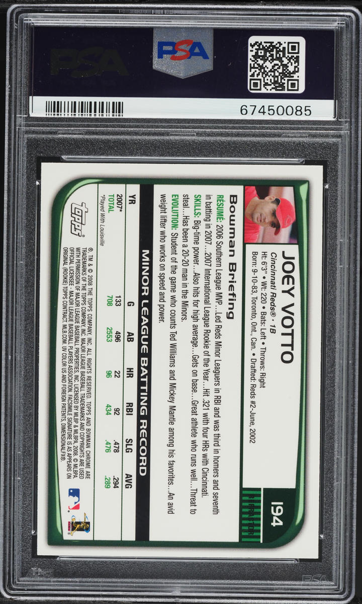 2008 Bowman Chrome Refractor Joey Votto ROOKIE #194 PSA 9 MINT