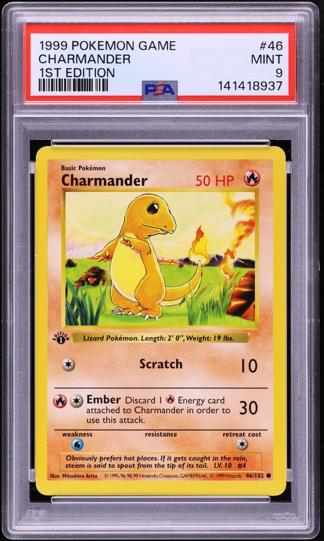 1999 Pokemon Base Set Shadowless 1st Edition Charmander #46 PSA 9 MINT