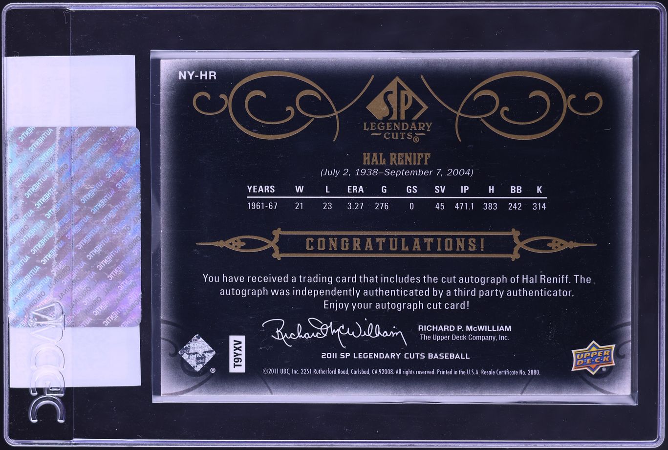 2011 SP Legendary Cuts Black Hal Reniff AUTO /35 #NY-HR CGC AUTH