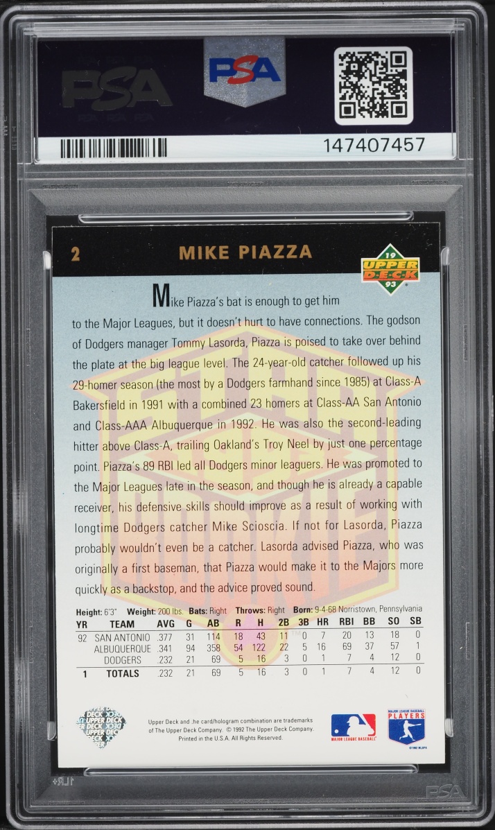 1993 Upper Deck Mike Piazza ROOKIE #2 PSA 8 NM-MT