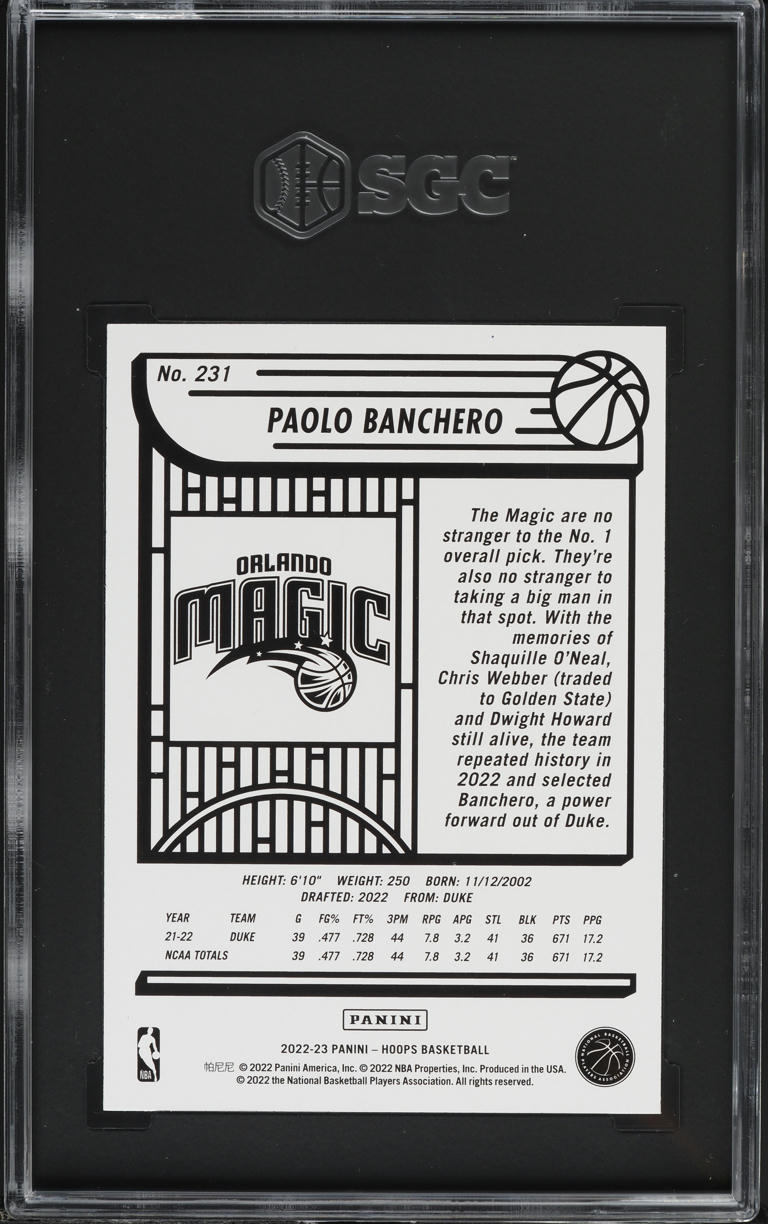 2022 Hoops Paolo Banchero ROOKIE #231 SGC 9 MINT