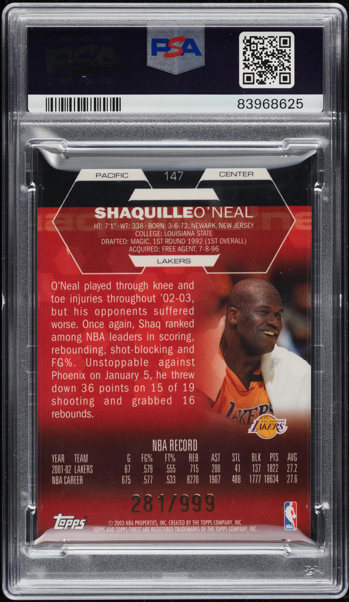 2002 Finest Jersey Shaquille O'Neal PATCH /999 #147 PSA 10 GEM MINT