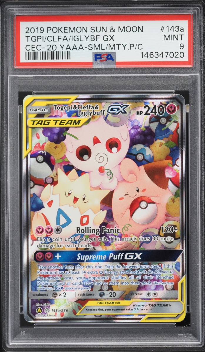 2019 Pokemon Sun & Moon Cosmic Eclipse Alt Art Togepi & Cleffa & Igglybuff GX #143a PSA 9 MINT