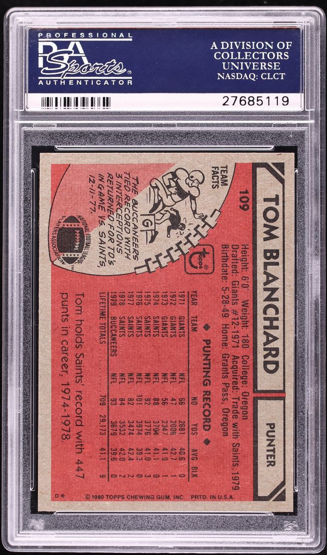 1980 Topps Football Tom Blanchard #109 PSA 10 GEM MINT