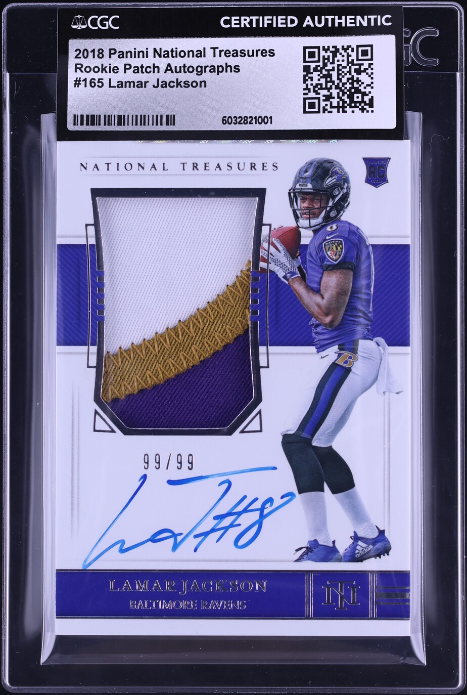 2018 National Treasures Lamar Jackson ROOKIE PATCH AUTO 99/99 #165 CGC AUTH