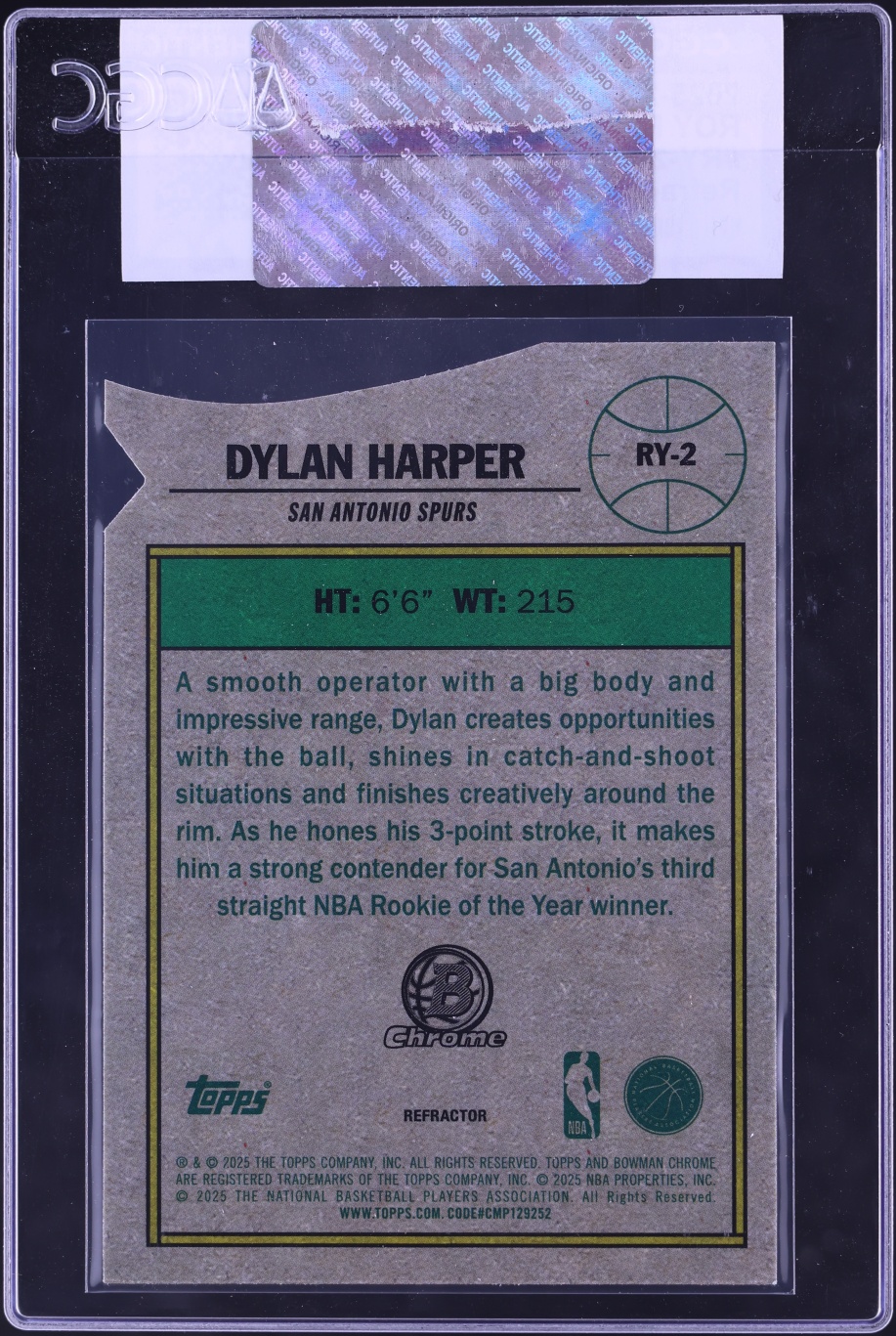 2025 Bowman Chrome ROY Favorites Refractor Dylan Harper ROOKIE #RY-2 CGC AUTH
