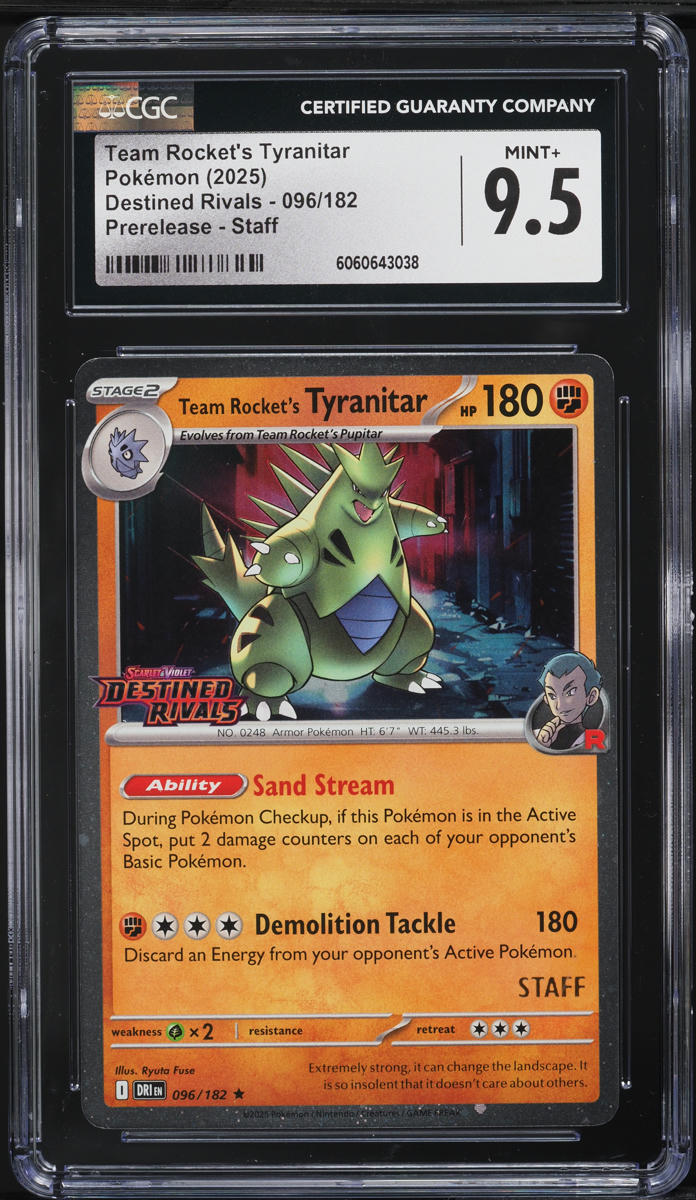 2025 Pokemon SV Destined Rivals Prerelease Staff Team Rocket's Tyranitar #96 CGC 9.5 MINT+