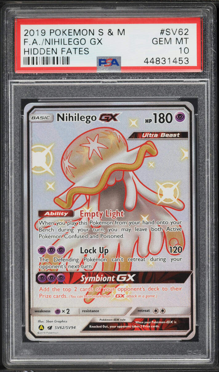 2019 Pokemon Sun & Moon Hidden Fates Full Art Nihilego GX #SV62 PSA 10 GEM MINT