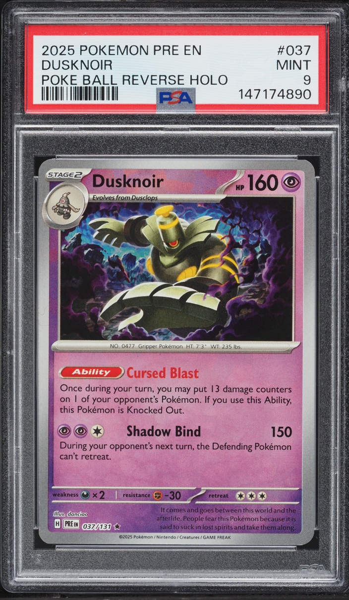 2025 Pokemon Scarlet & Violet Prismatic Evolutions Poke Ball Holo Dusknoir #037 PSA 9 Mint