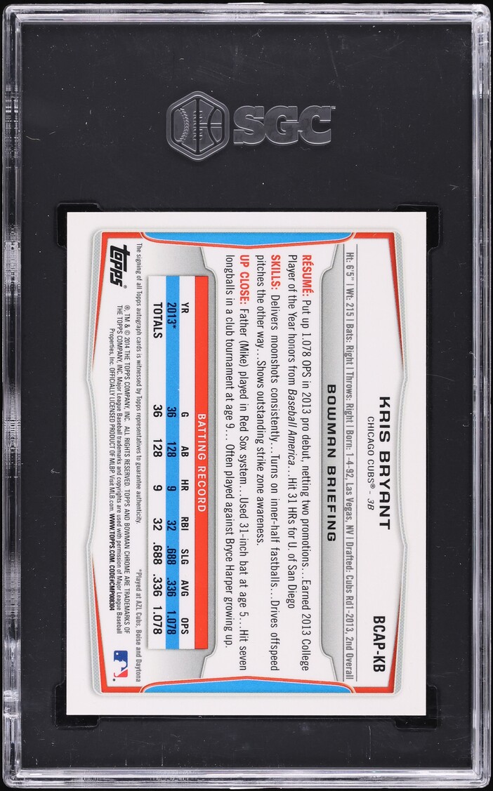 2014 Bowman Chrome Draft Kris Bryant PROSPECT AUTO #BCAPKB SGC 9.5 MINT+