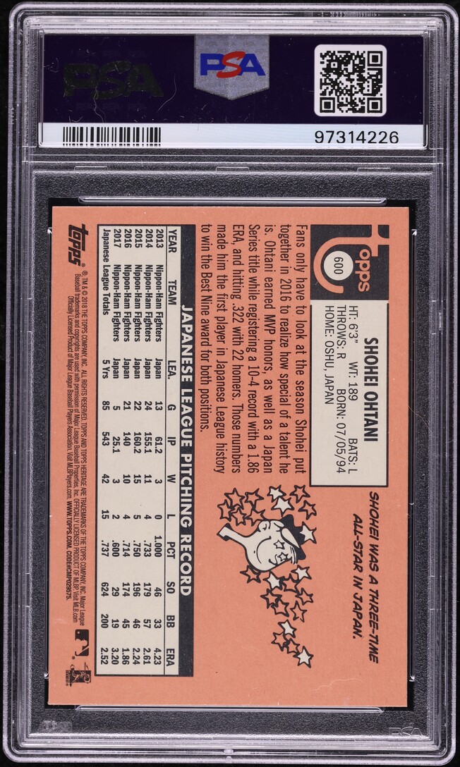 2018 Topps Heritage Shohei Ohtani ROOKIE #600 PSA 10 GEM MINT