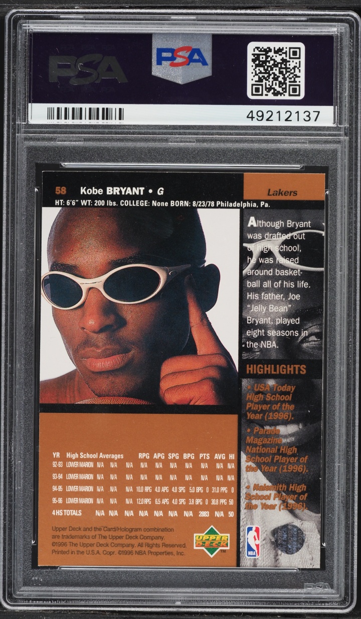 1996 Upper Deck Basketball Kobe Bryant ROOKIE #58 PSA 9 MINT